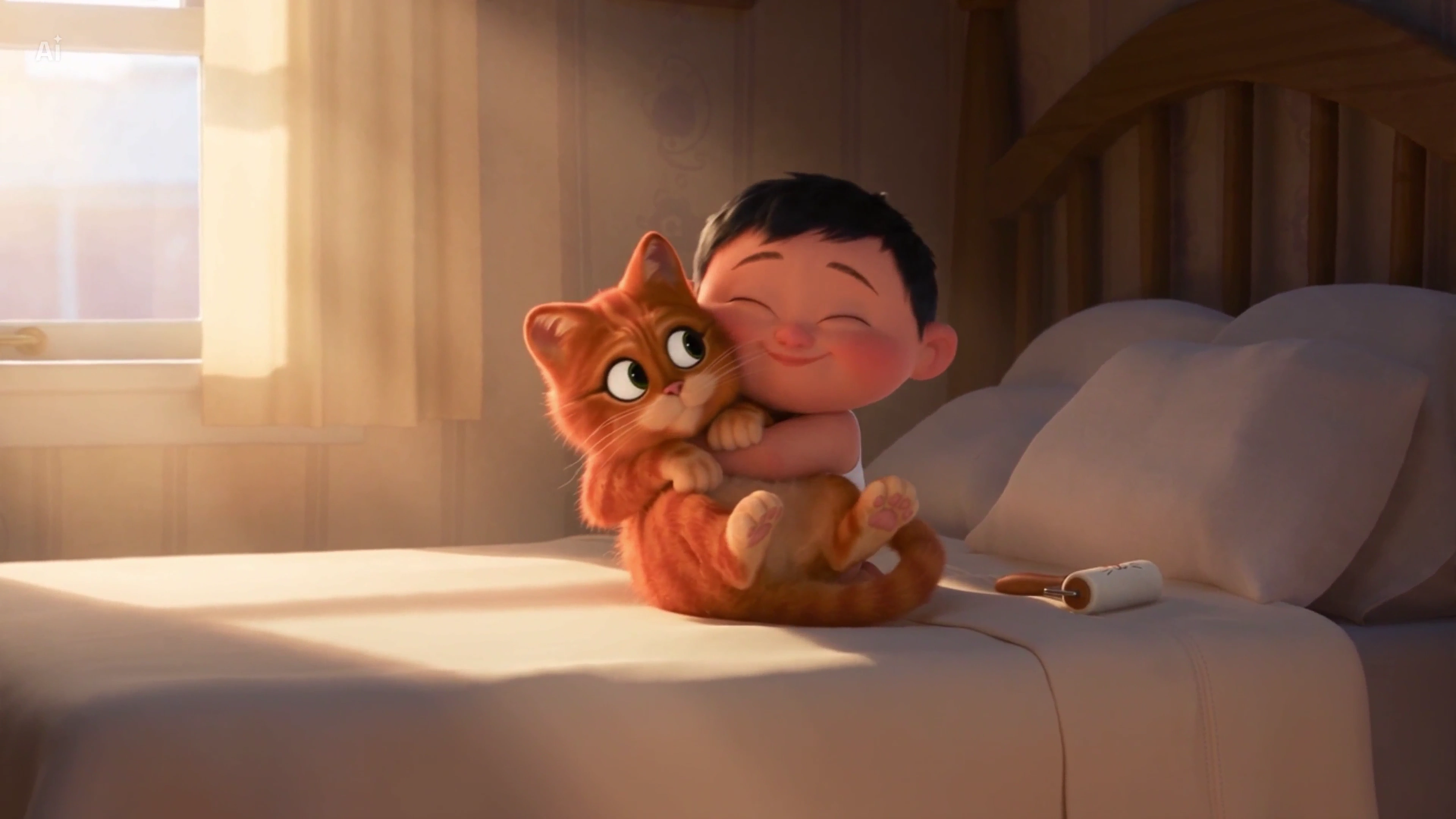 Pixar Toddler Kisses Fluffy Cat on Sunny Bed with Detailed Fur