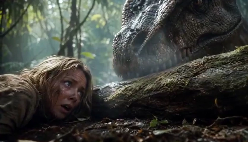 Mossy Log Hideout Fails as Giant Dinosaur Stares Down Survivor