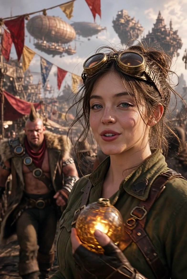 Golden Orb Wielding Heroine Leaps Onto Airship Above Cloud Sea