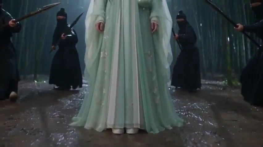 Masked Swordsmen Ambush Serene Woman In Teal Downpour