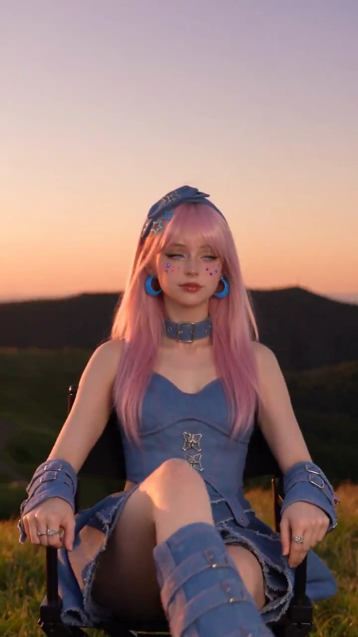 Enormous White Tiger Embraces Pink-Haired Woman in Golden Sunset Hillside Scene
