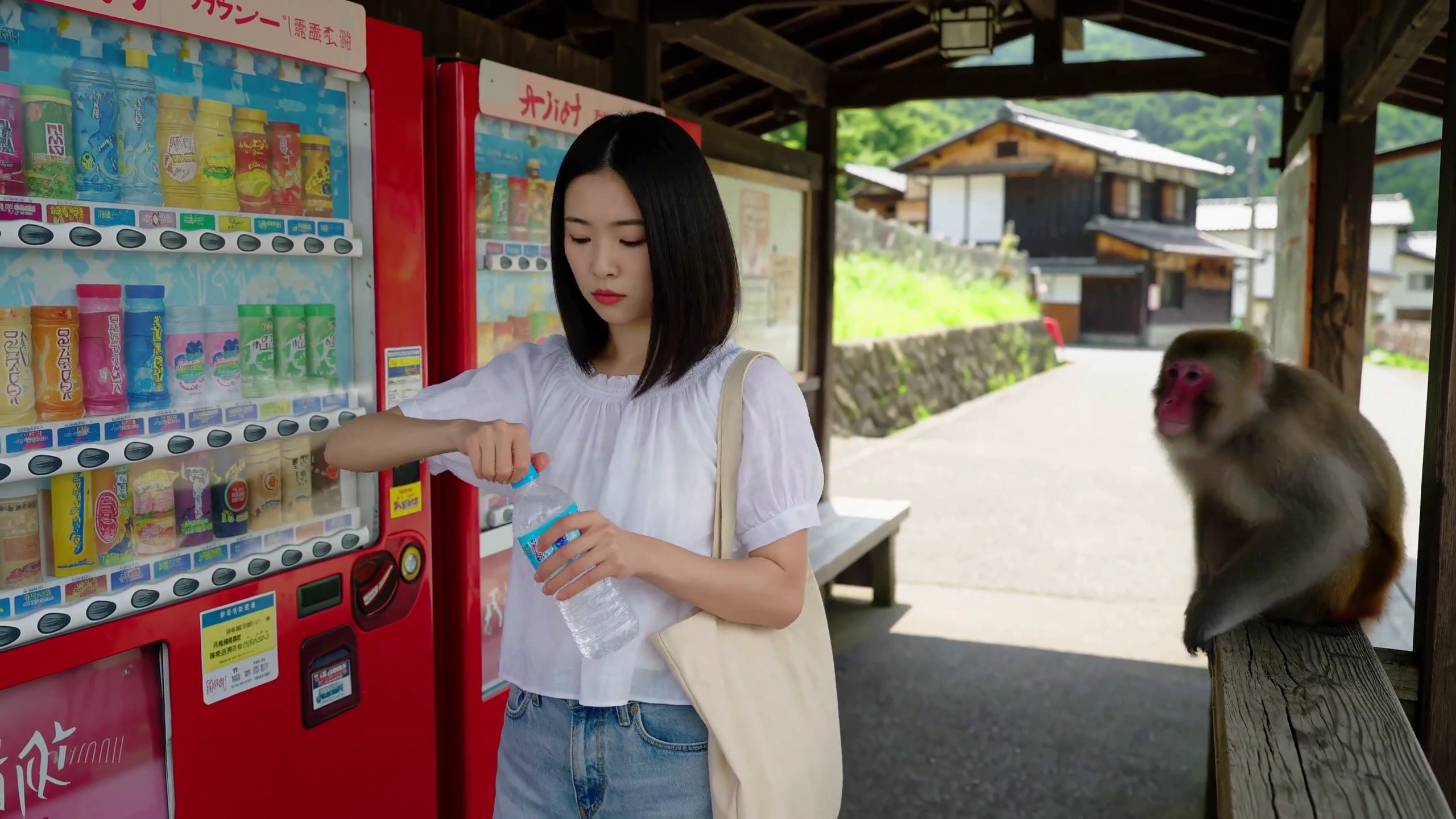 Japanese Macaque Snatches Bottle And Snack In Double Theft
