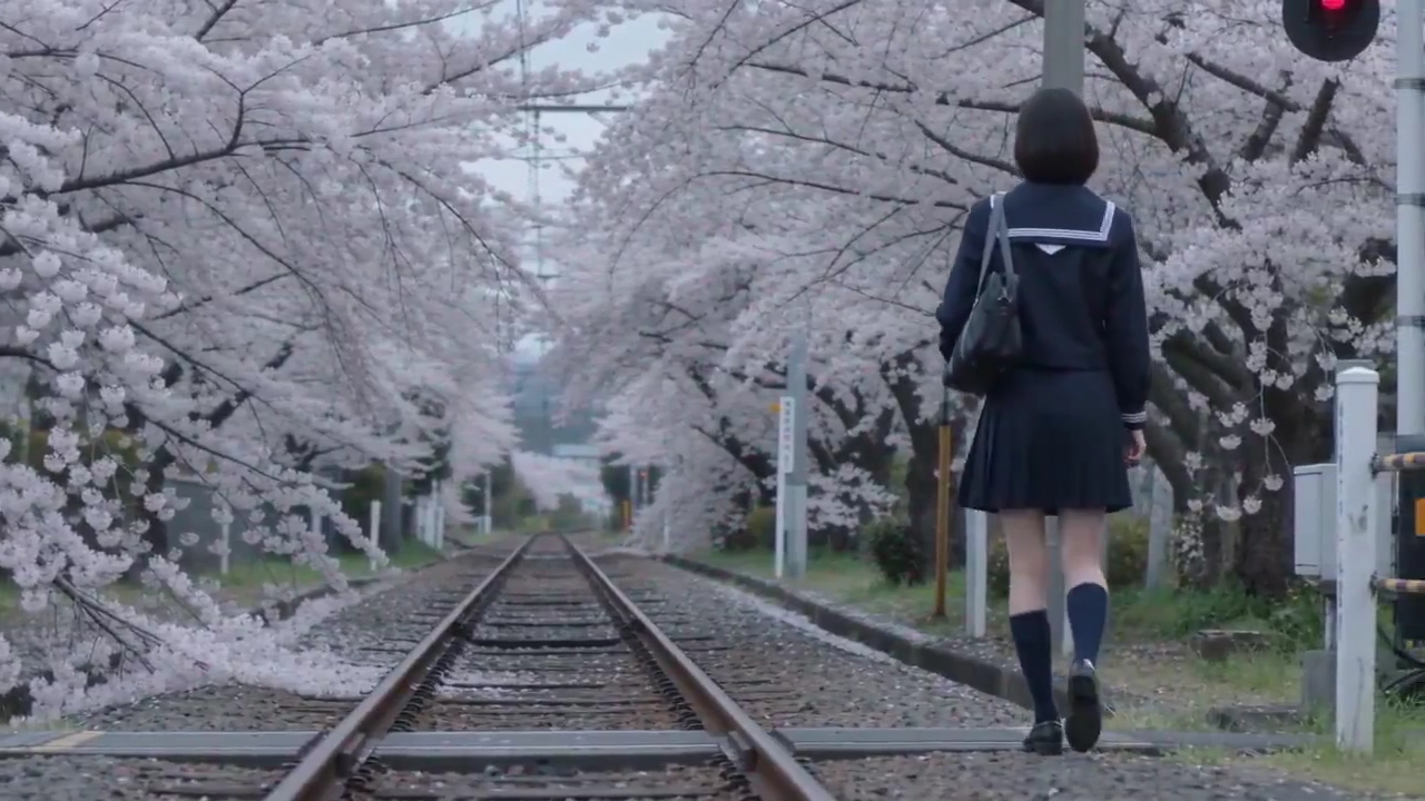 Cinematic Spring Stroll Captures Petals Drifting Over Railway Crossing