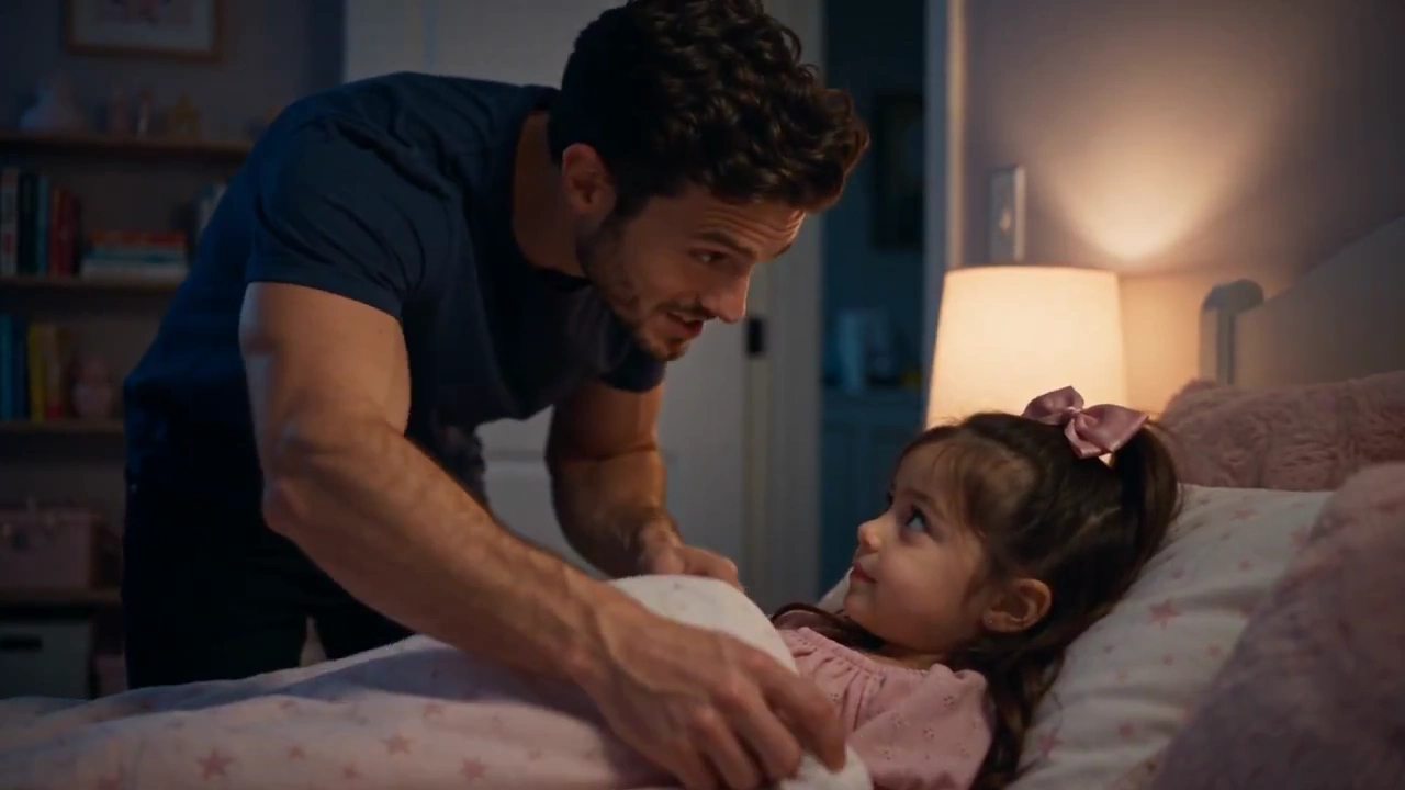 Navy Shirt Daddy Tucks In His Star-Pajama Girl at Night