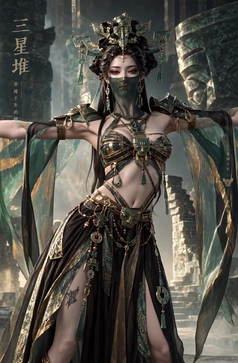 Green Veiled Warrior Wears Ornate Bronze Headdress in Ruined Shrine
