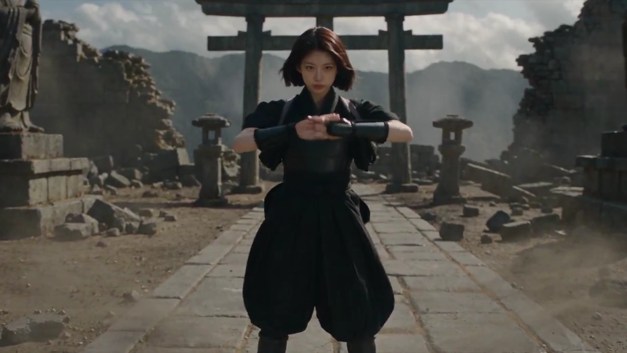 Ancient Death God Rises Behind Female Ninja on Cracked Battlefield