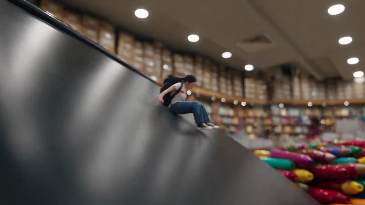 Tiny Explorer Rides a Parachuting Sheet Through a Giant Stationery World