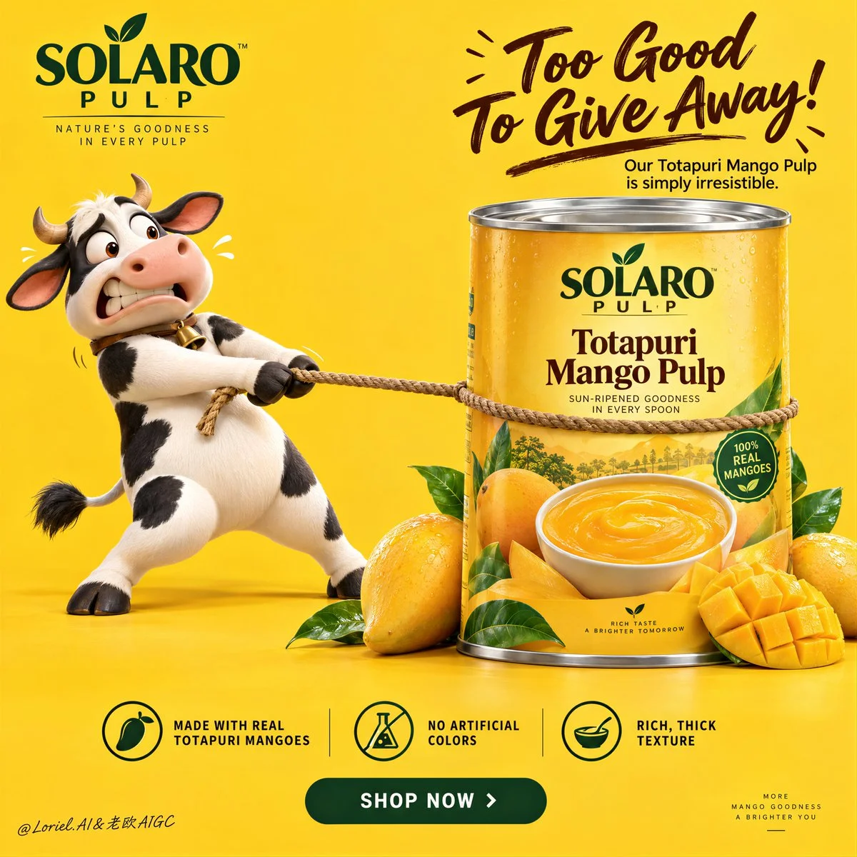 Cow strains backward on taut rope while giant mango can stands firm