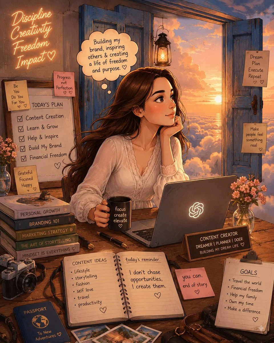 Cozy anime scene of woman at desk with sunset and neon sign