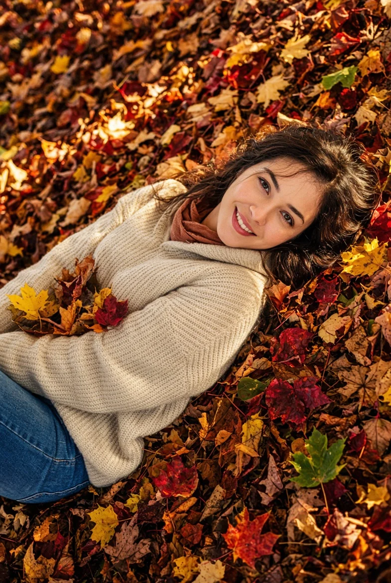 Cozy autumn moment: girl in knit sweater smiles among fallen leaves