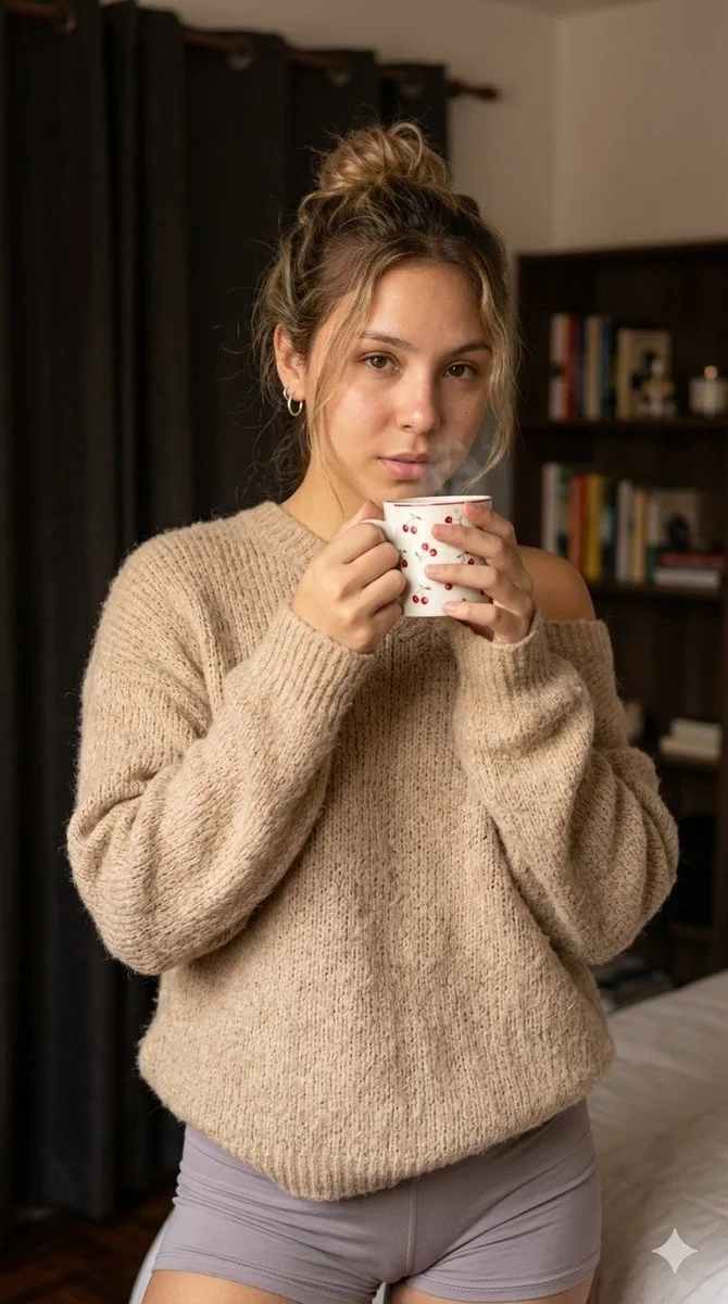Cozy Morning Glow: Woman Embracing a Quiet Coffee Moment