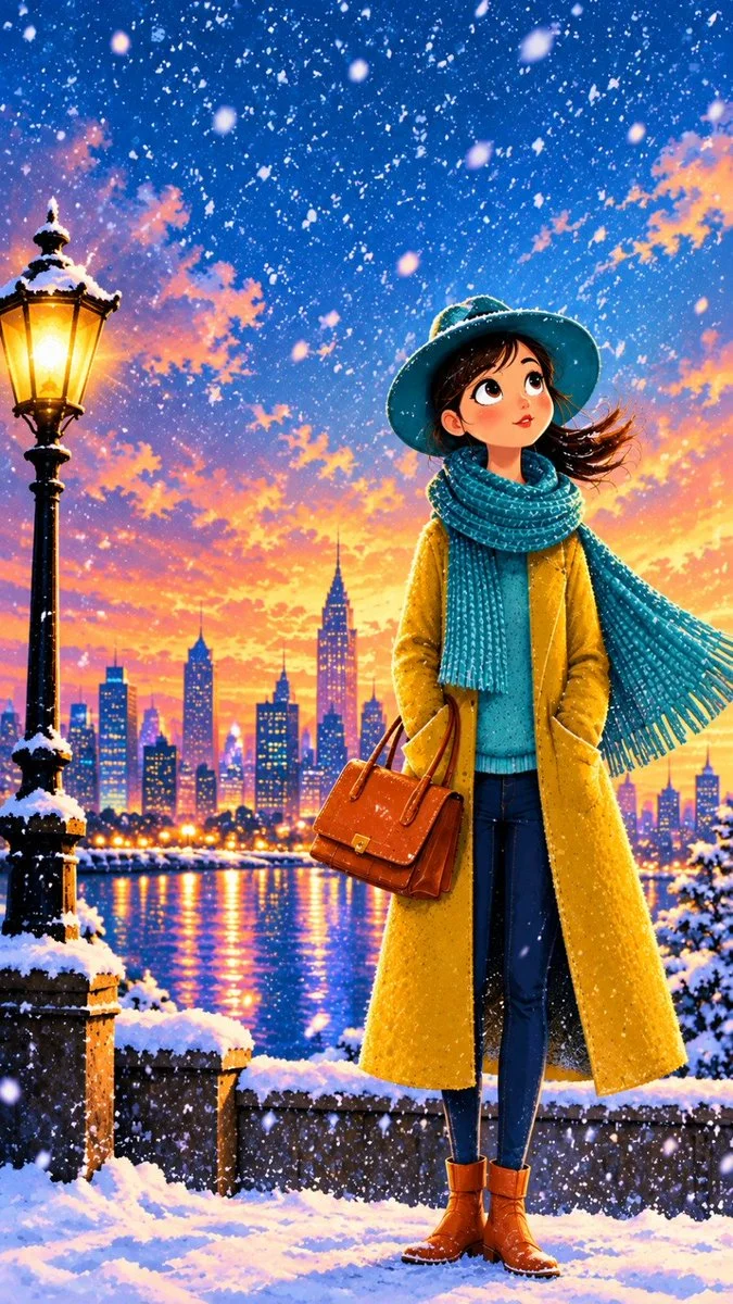 Cozy Storybook Woman Stands in Snowy City at Sunset