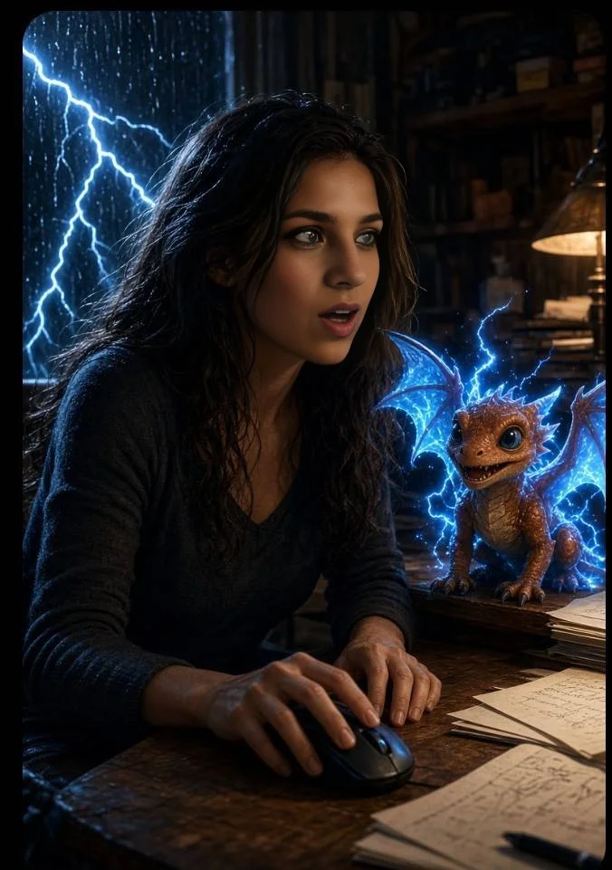 Cozy study scene with woman, baby dragon, and dramatic lightning