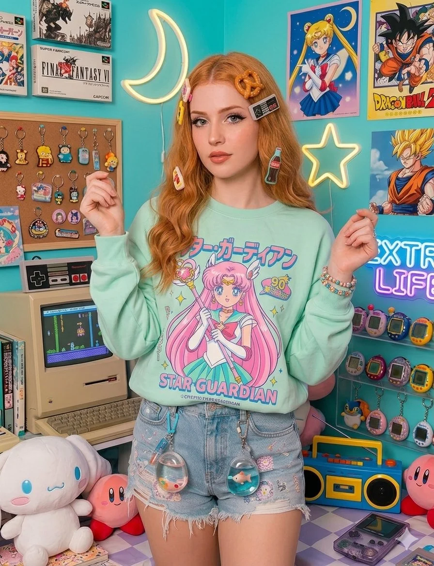 Cozy sweater-clad girl holds a lavender Tamagotchi in a colorful room
