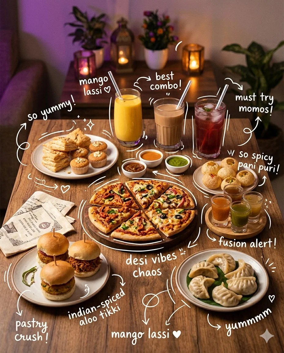 Cozy Top-View Feast with Playful Doodles