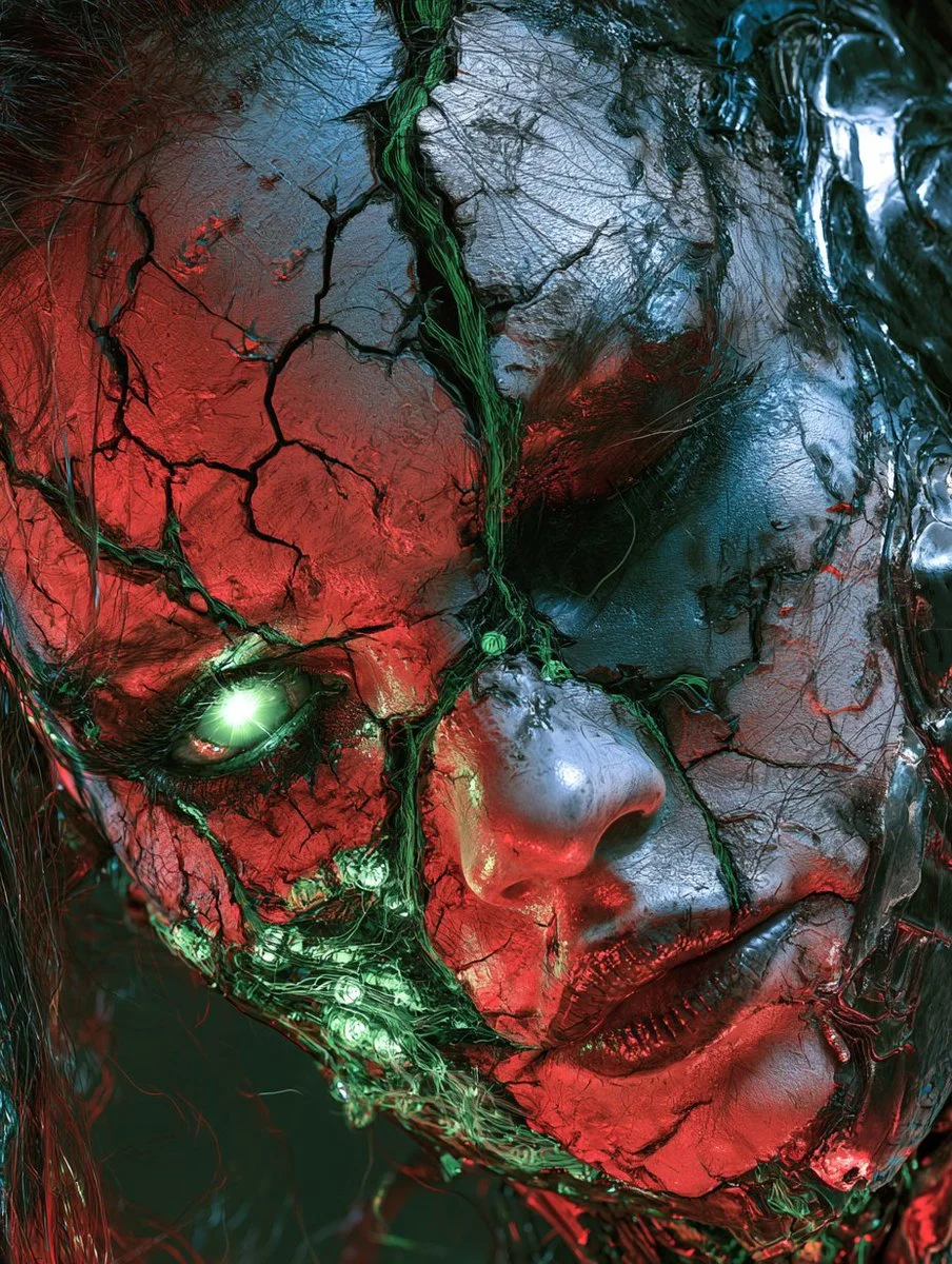 Cracked visage reveals glowing circuitry in high-contrast cyberpunk portrait