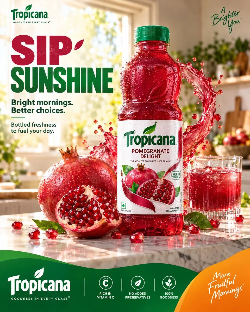 Crafting a Premium Tropicana Pomegranate Juice Ad with Photorealistic Liquid Splash