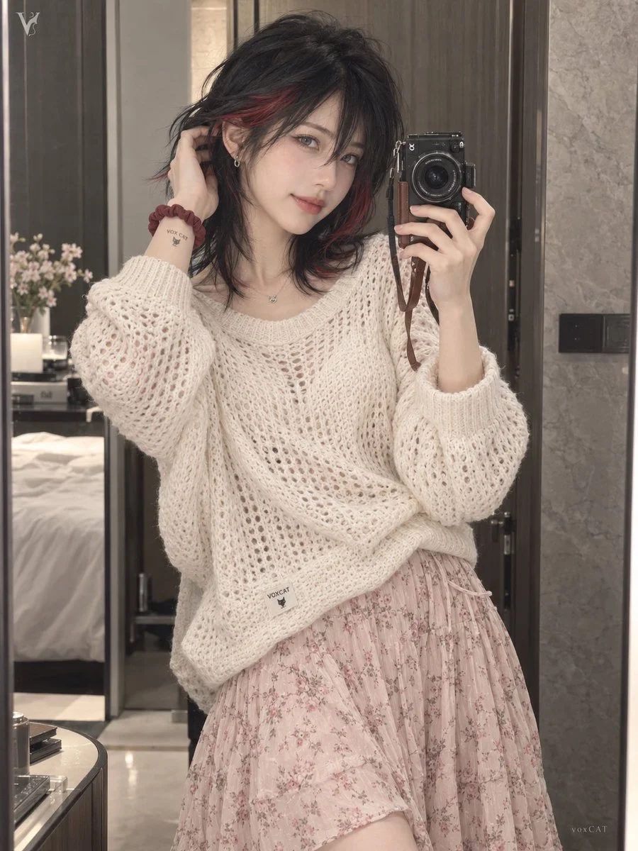Creamy knit sweater and floral skirt mirror selfie portrait
