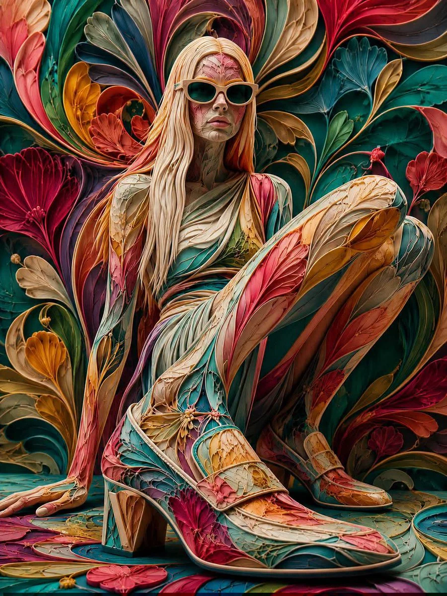 Crimson botanical filaments weave a sculpted floral face portrait