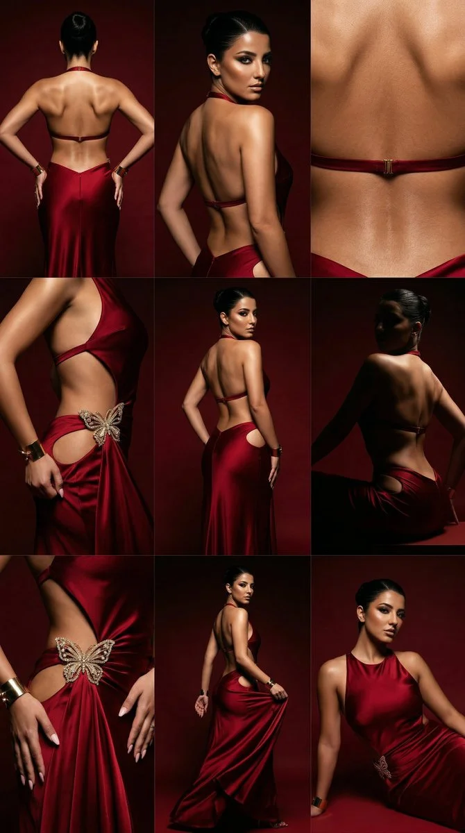 Crimson Couture: The Sculptural Elegance of a Backless Gown