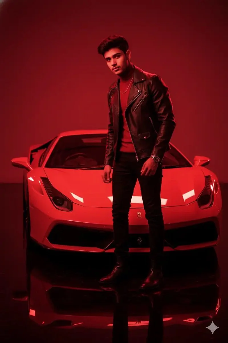 Crimson Elegance: Boy and Luxury Supercar in Fiery Light