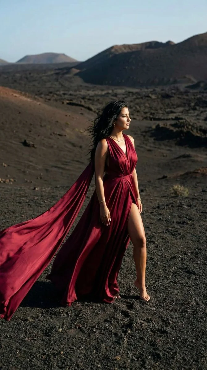 Crimson Gown Amid Volcanic Expanse