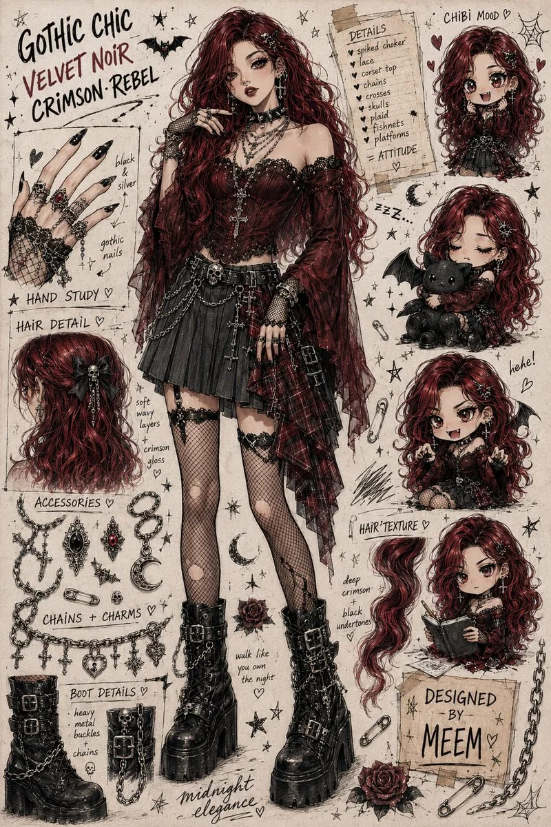 Crimson-haired gothic fashion concept sketch sheet with chibi doodles