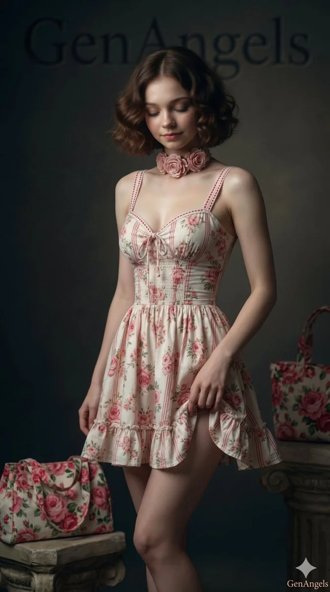 Crimson lips and floral choker frame a thoughtful gaze