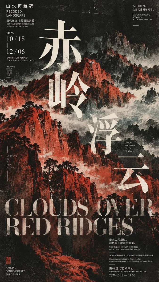 Crimson peaks rise through drifting clouds in bold poster art