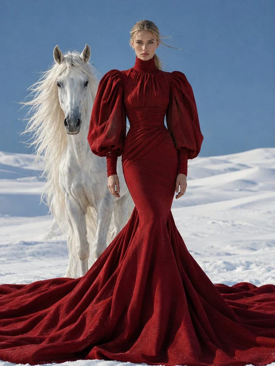 Crimson Queen Stands Regal in Vast Snow Desert With White Horse