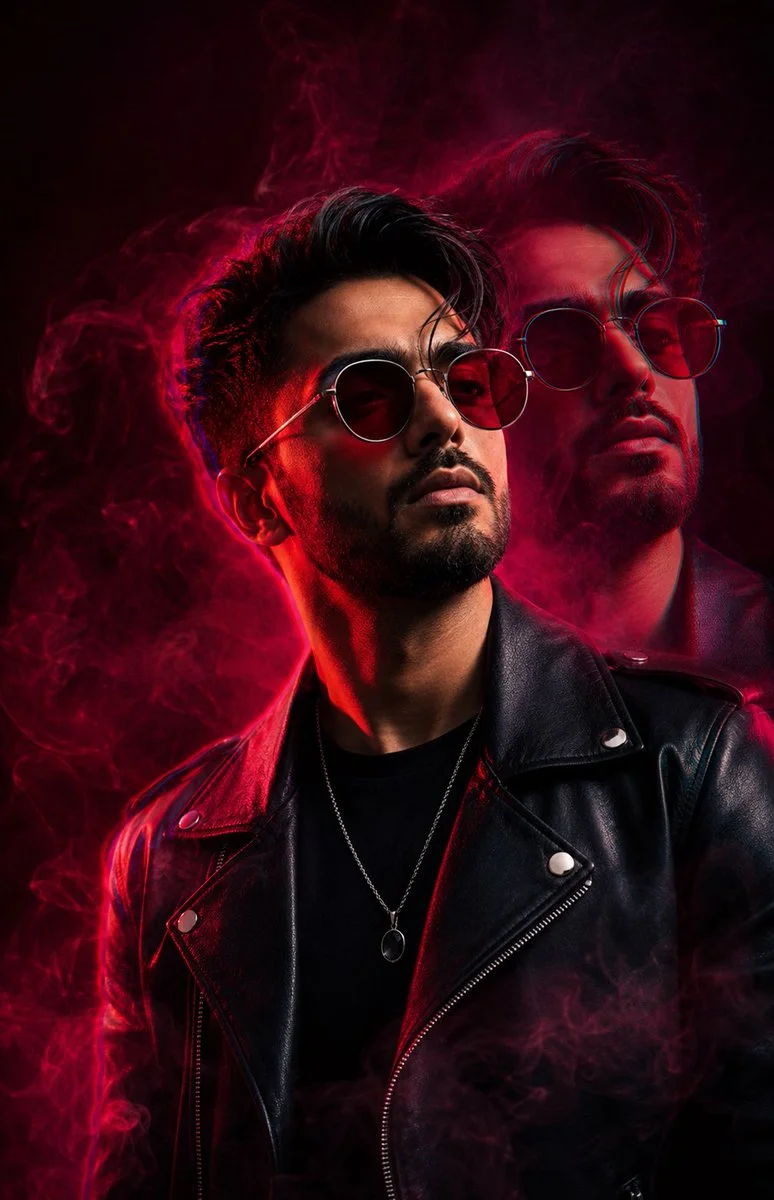 Crimson smoke swirls around a leather-clad figure with sunglasses.