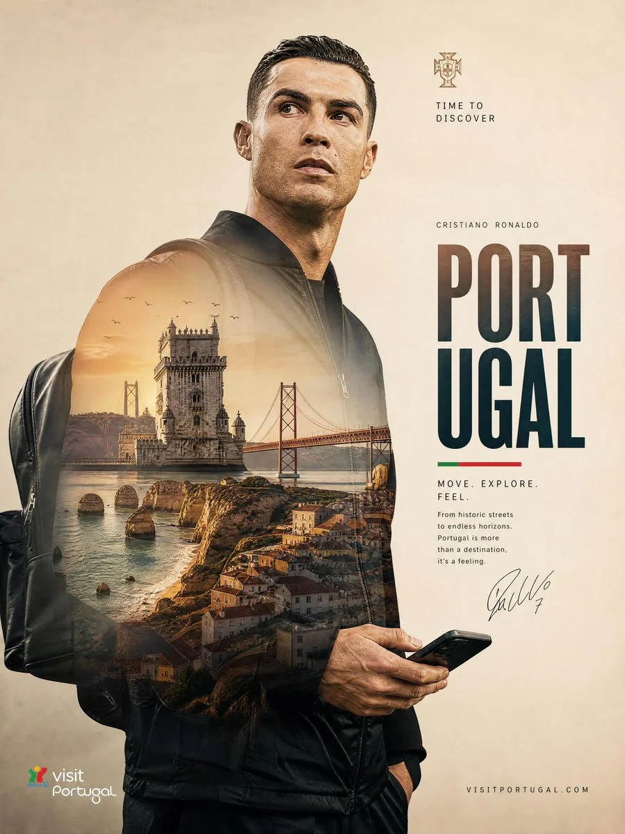 Cristiano Ronaldo explores Portugal's iconic landmarks in double exposure poster