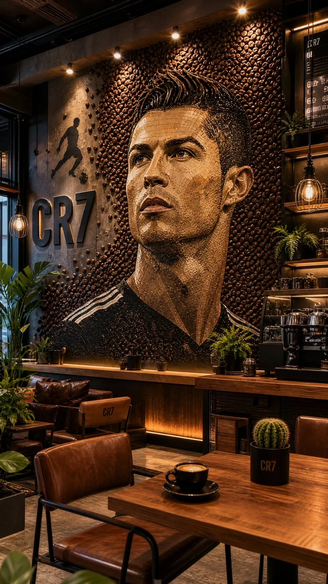 Cristiano Ronaldo mural emerges from coffee bean halo in luxury café