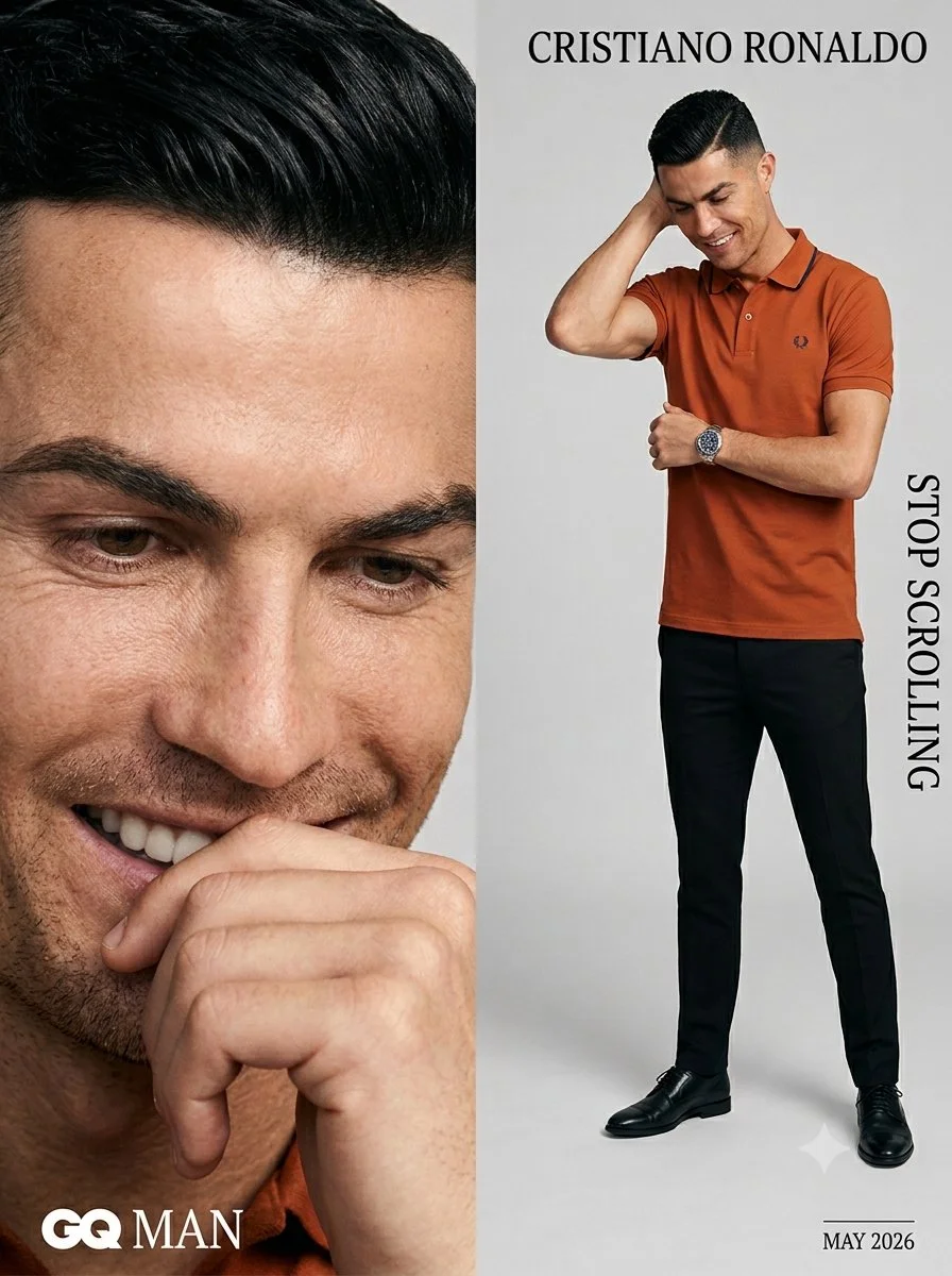 Cristiano Ronaldo poses in a luxury burnt-orange polo shirt