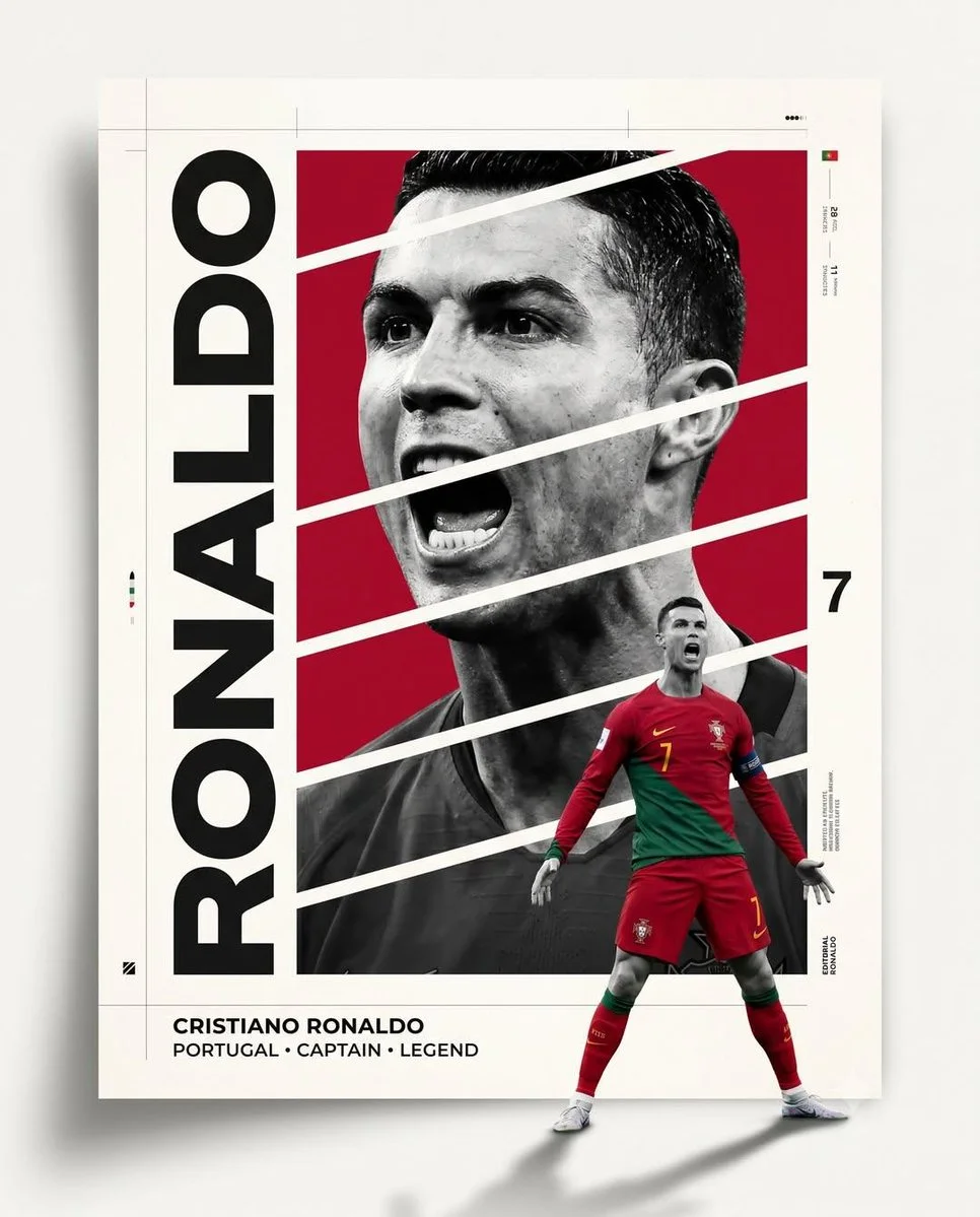 Cristiano Ronaldo's intense portrait dominates a bold red poster
