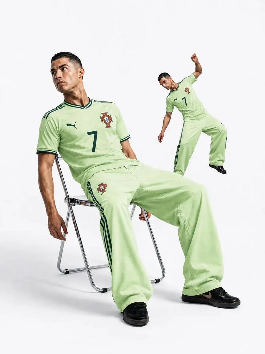 Cristiano Ronaldo sits casually on a chrome folding chair