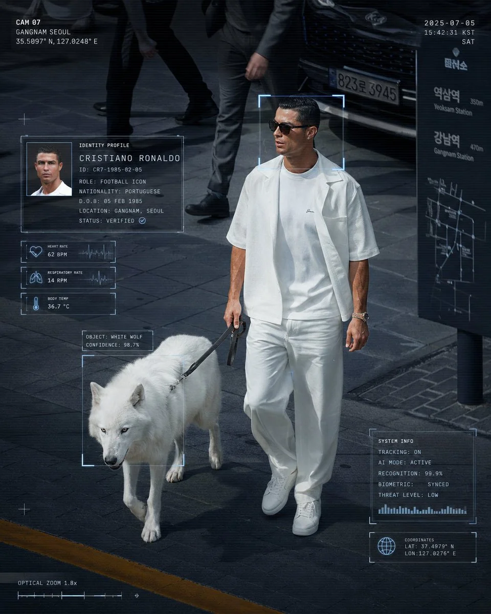 Cristiano Ronaldo walks with a white wolf in futuristic Gangnam