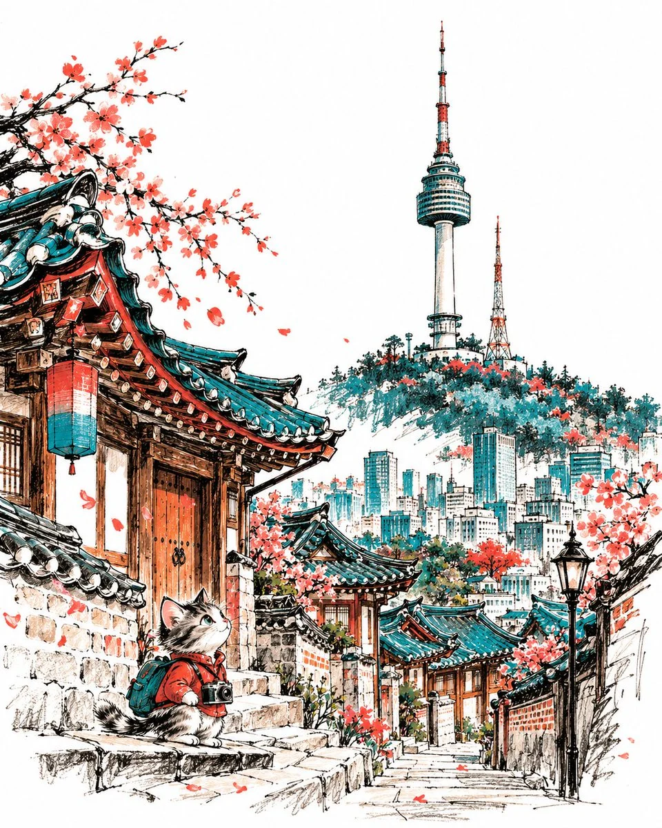 Crooked Landmark Rises From White Space in Mid-Century Storybook Illustration