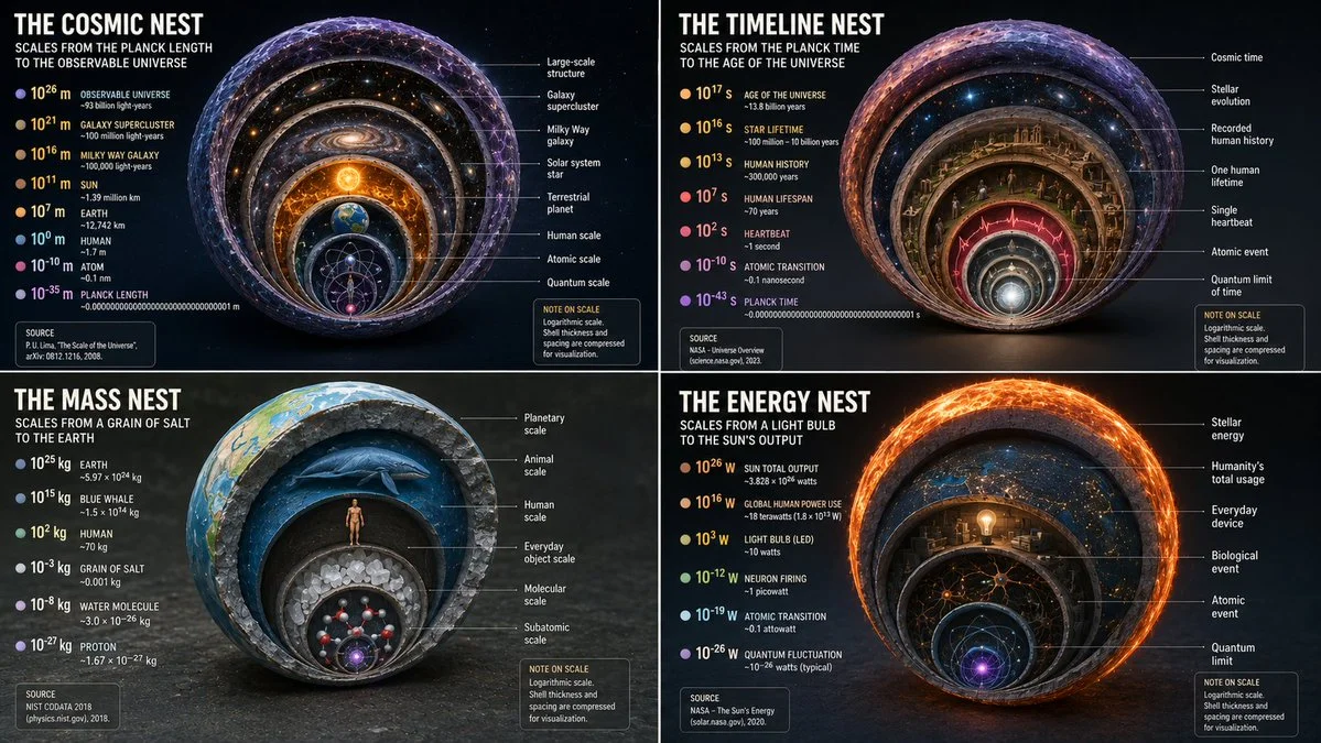 Cross-section reveals nested scales from atoms to galaxies.