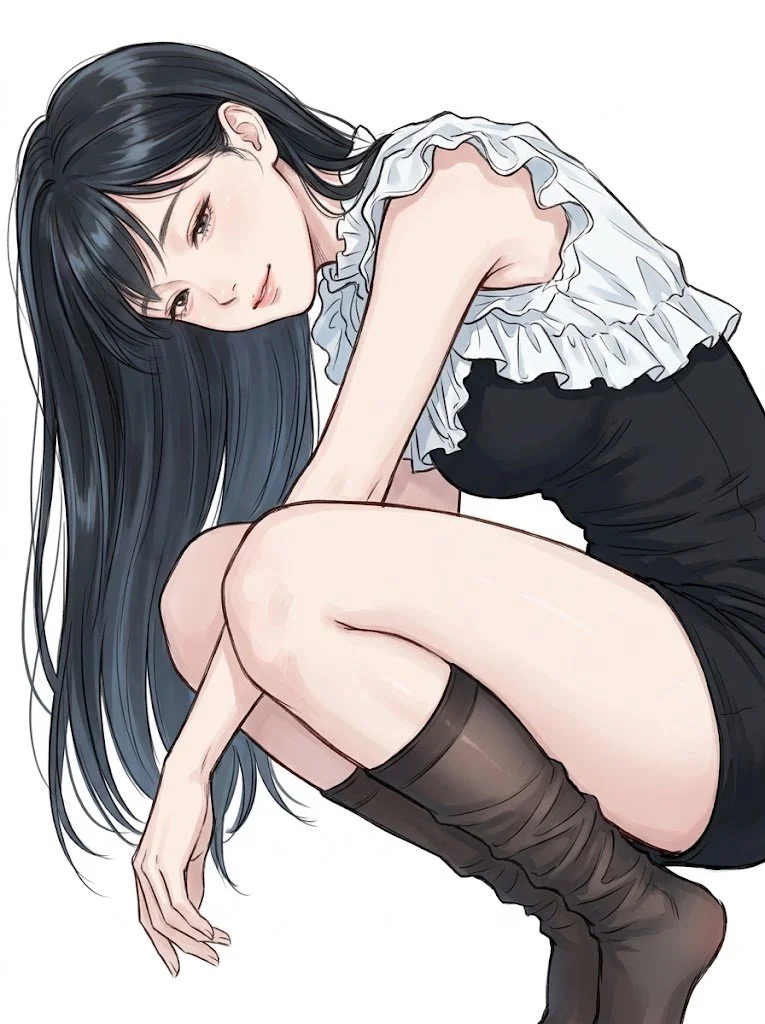 Crouching anime girl with flowing black hair on white background