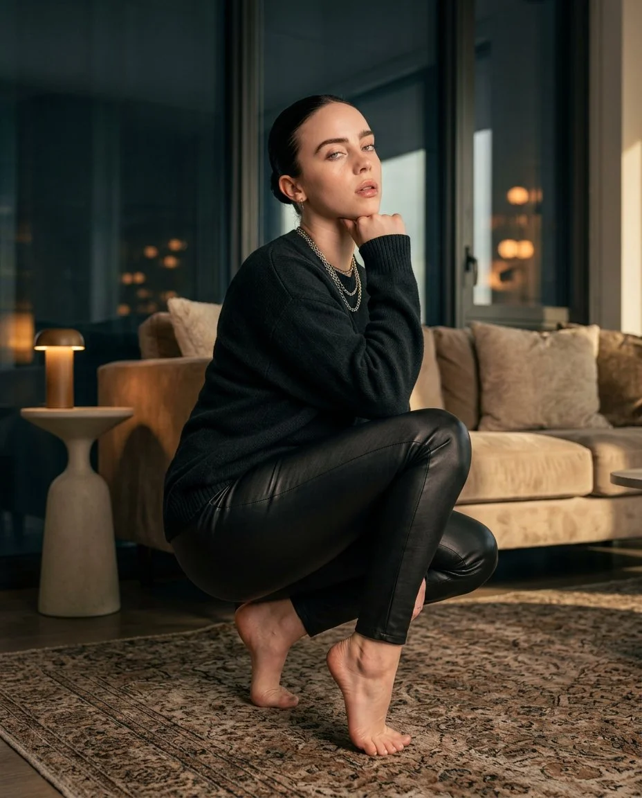 Crouching Billie Eilish in leather leggings with confident gaze