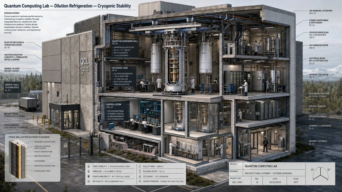 Cryogenic research facility interior viewed through a structural cutaway section