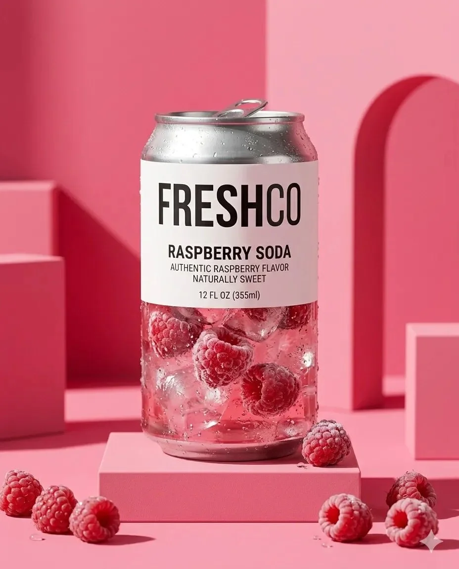 Crystal Clear Raspberry Soda Can on Pastel Pink Pedestal