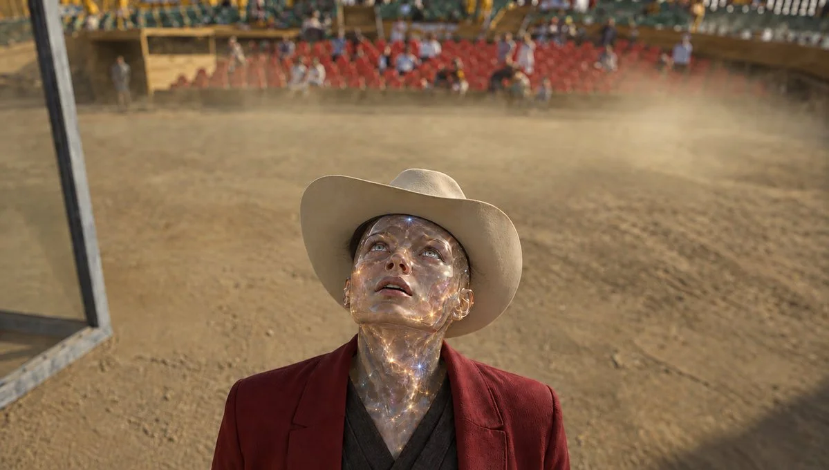 Crystalline Rodeo Performer Gazes Skyward in Dusty Arena