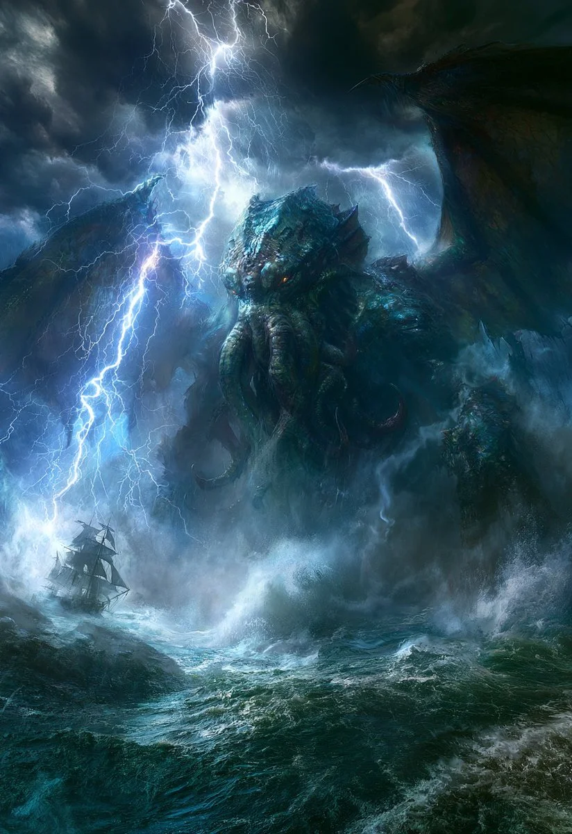Cthulhu rises from stormy sea as lightning illuminates dark sky.
