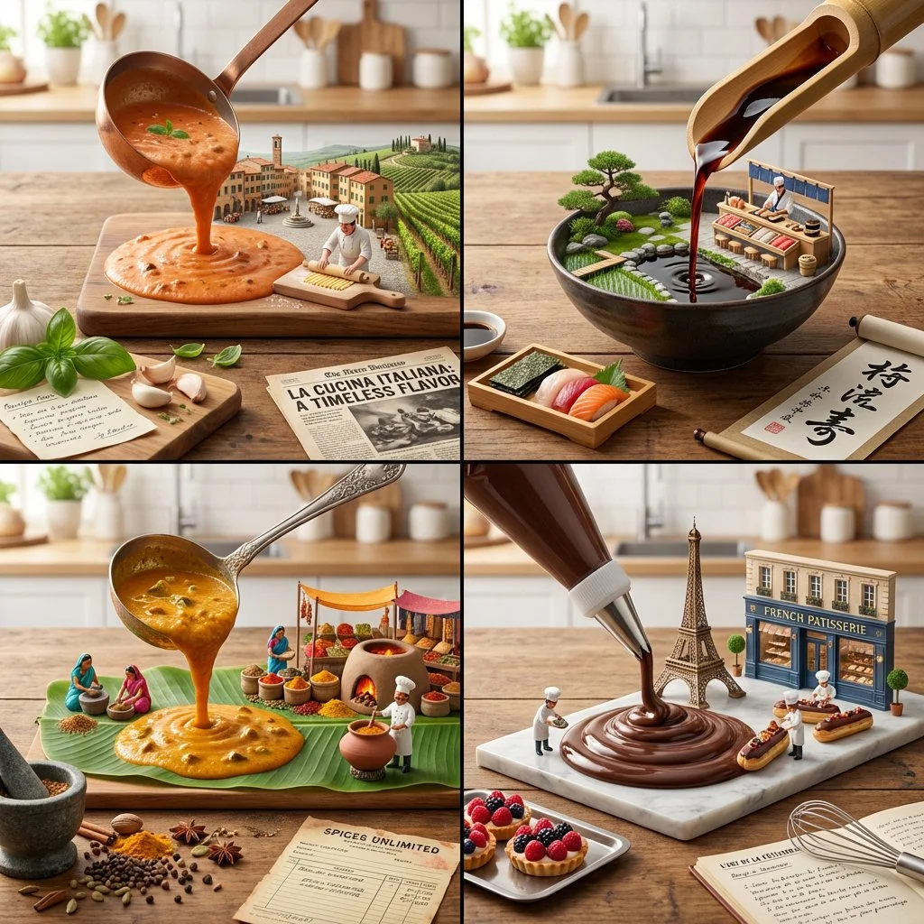 Culinary Worlds in Sauce: Four Iconic Dishes Reimagined as Edible Dioramas