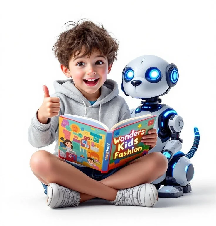 Curious Child and Futuristic Robot Companion in Vibrant Pixar-Style Scene