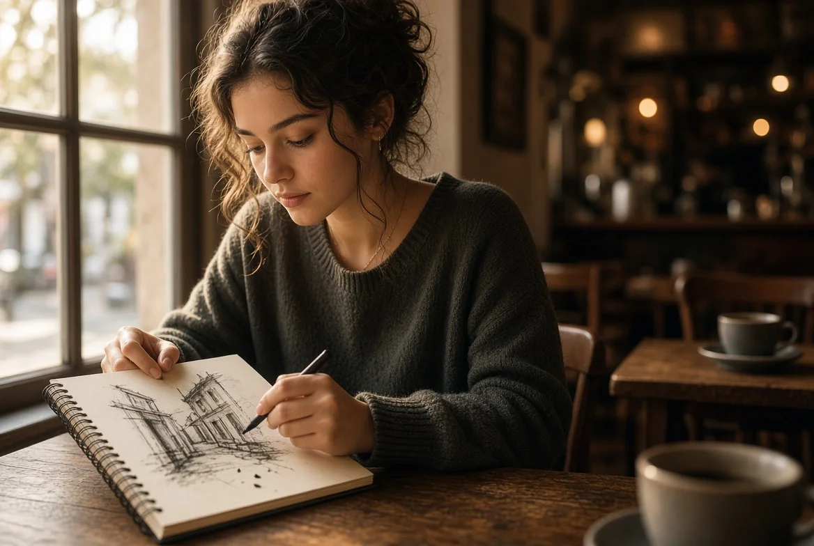 Curly-Haired Artist Captures Street Scene in Warm Café Light