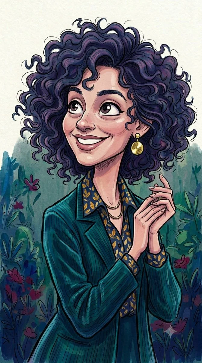 Curly-haired caricature beams with a wide smile and gold earring.