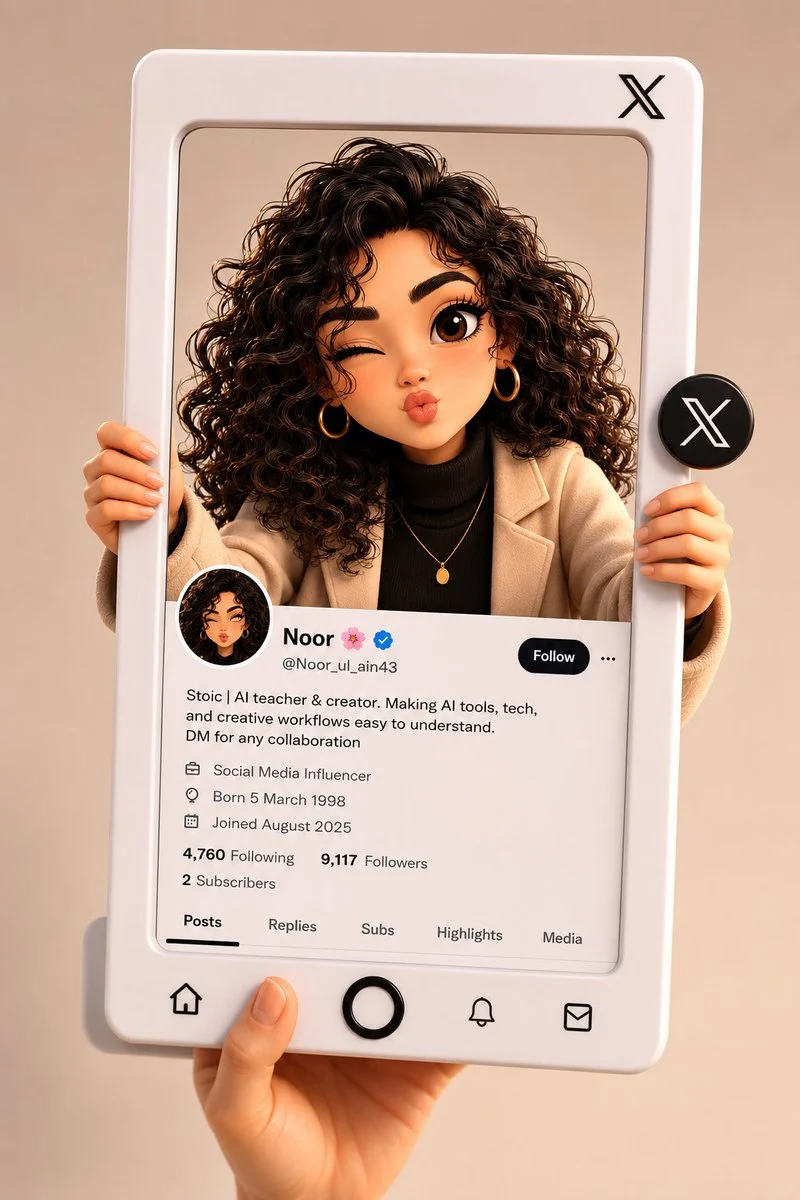 Curly-haired figure emerges from phone with verified X profile